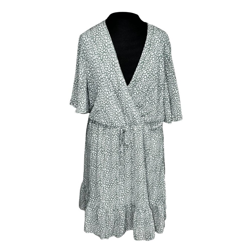 Kirundo Womens XL Green & White Printed Wrap-Style Dress Ruffle Hem & Tie Waist